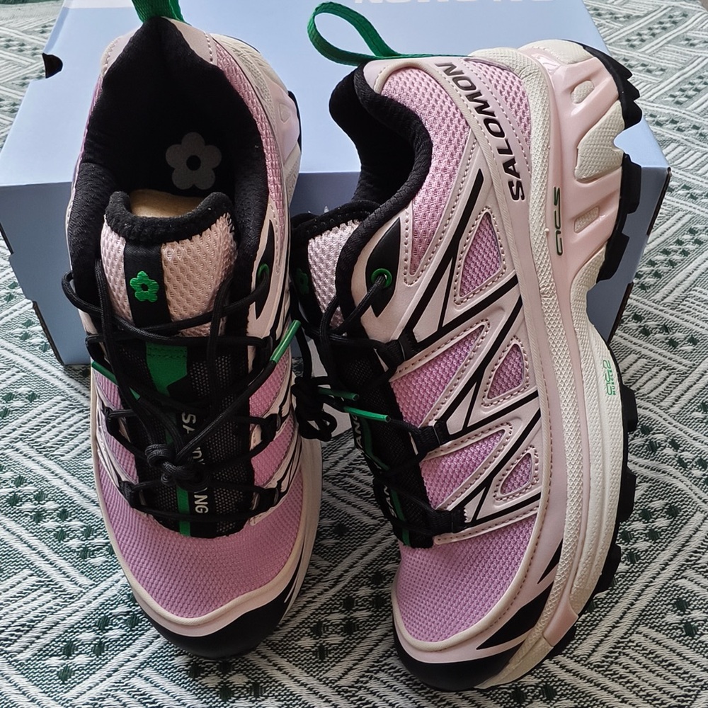 Salomon Women's Pink and Black Trail Sneakers with Green Accents